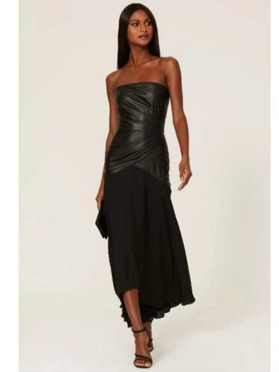 Shoshanna Dresses & Skirts - Shoshana Strapless Black Faux-Leather Bodice Asymmetric Midi Dress Sz 10